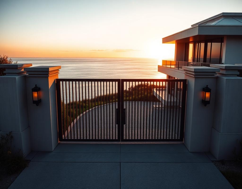 Coastal villa entrance with the gate lowered for an open sea view