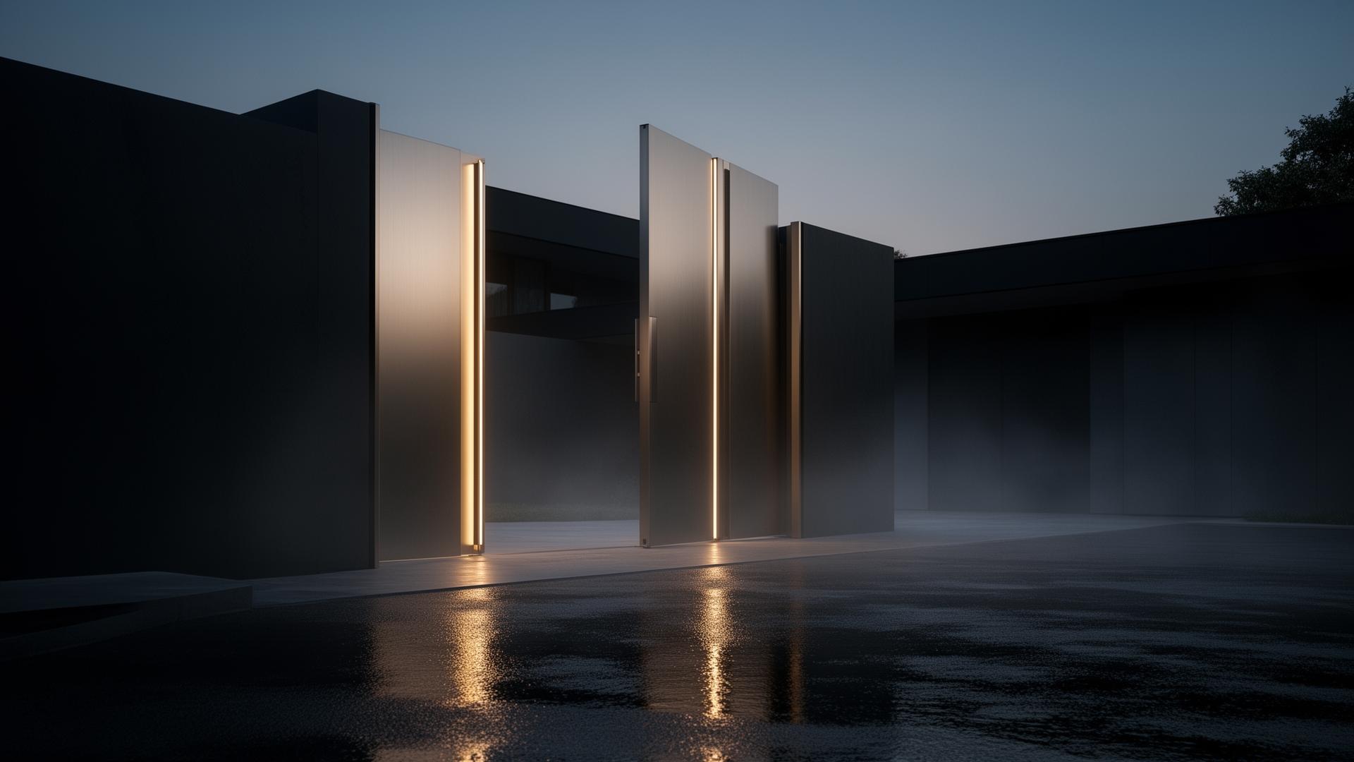 A HiddenGate rising from the ground at the entrance of a modern luxury home